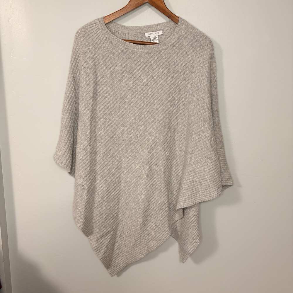 Tabitha Webb Gray Wool Blend Ribbed Poncho Shawl Knit Womens One Size Boho Luxe